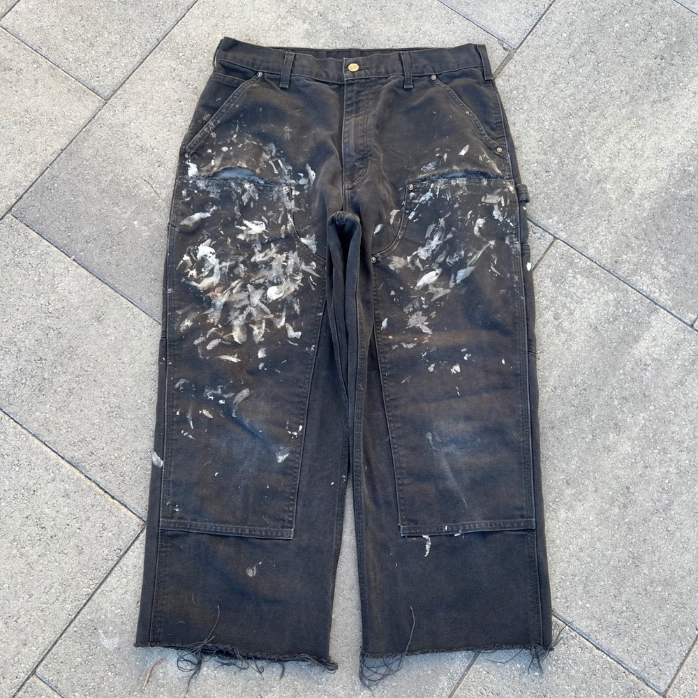 Carhartt B136-BLK Double Knee Carpenter Pants Black Distressed Paint Splatter 33